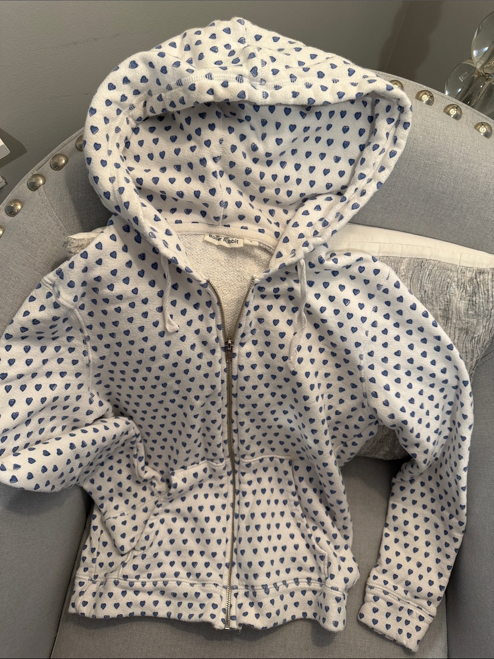 Roller Rabbit White Zip Hoodie with Blue Heart Print